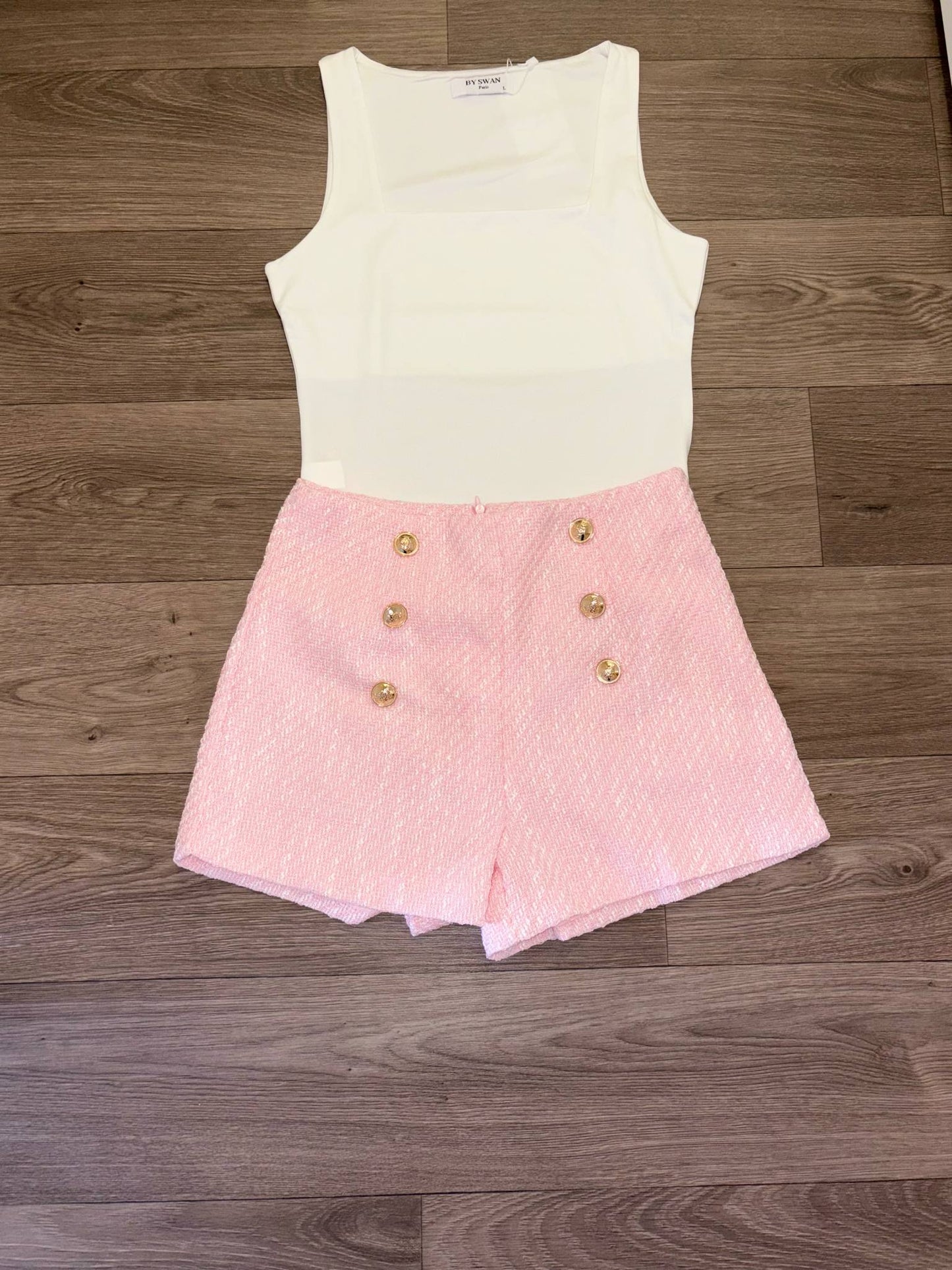 Pink tweed gold button shorts
