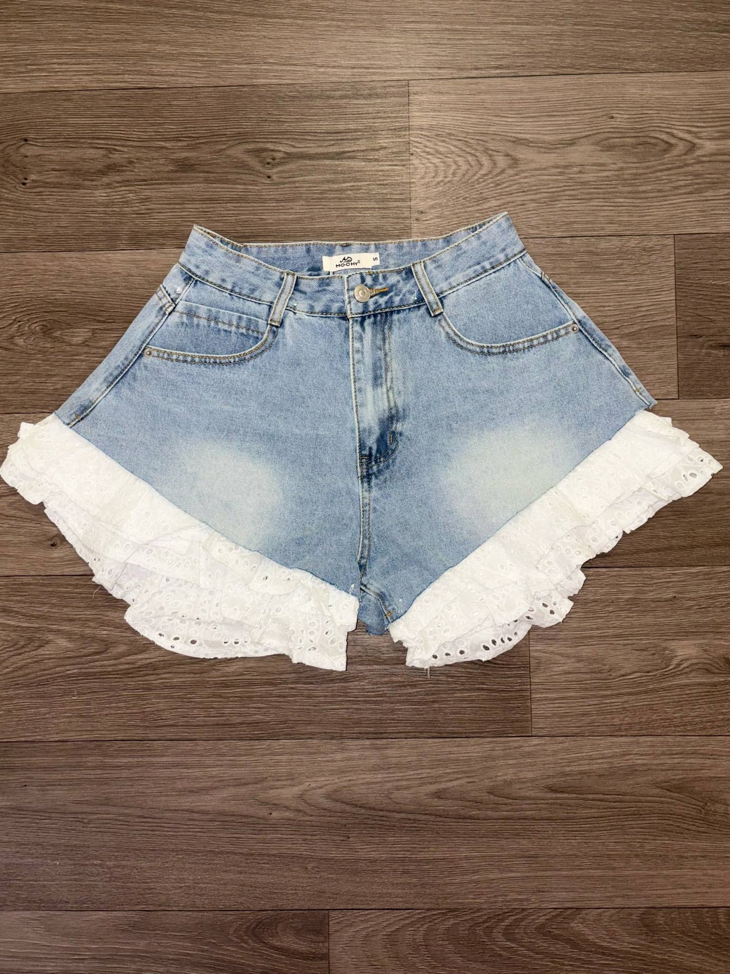 Denim lace detail shorts