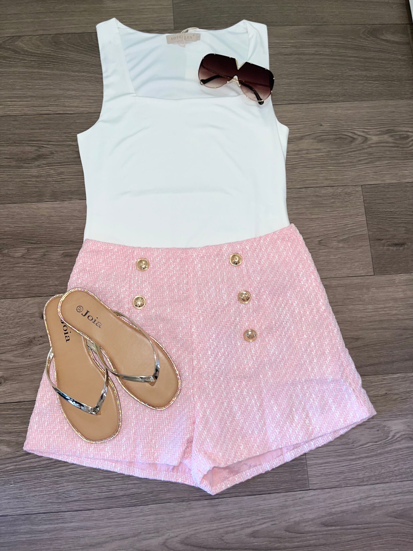 Pink tweed gold button shorts