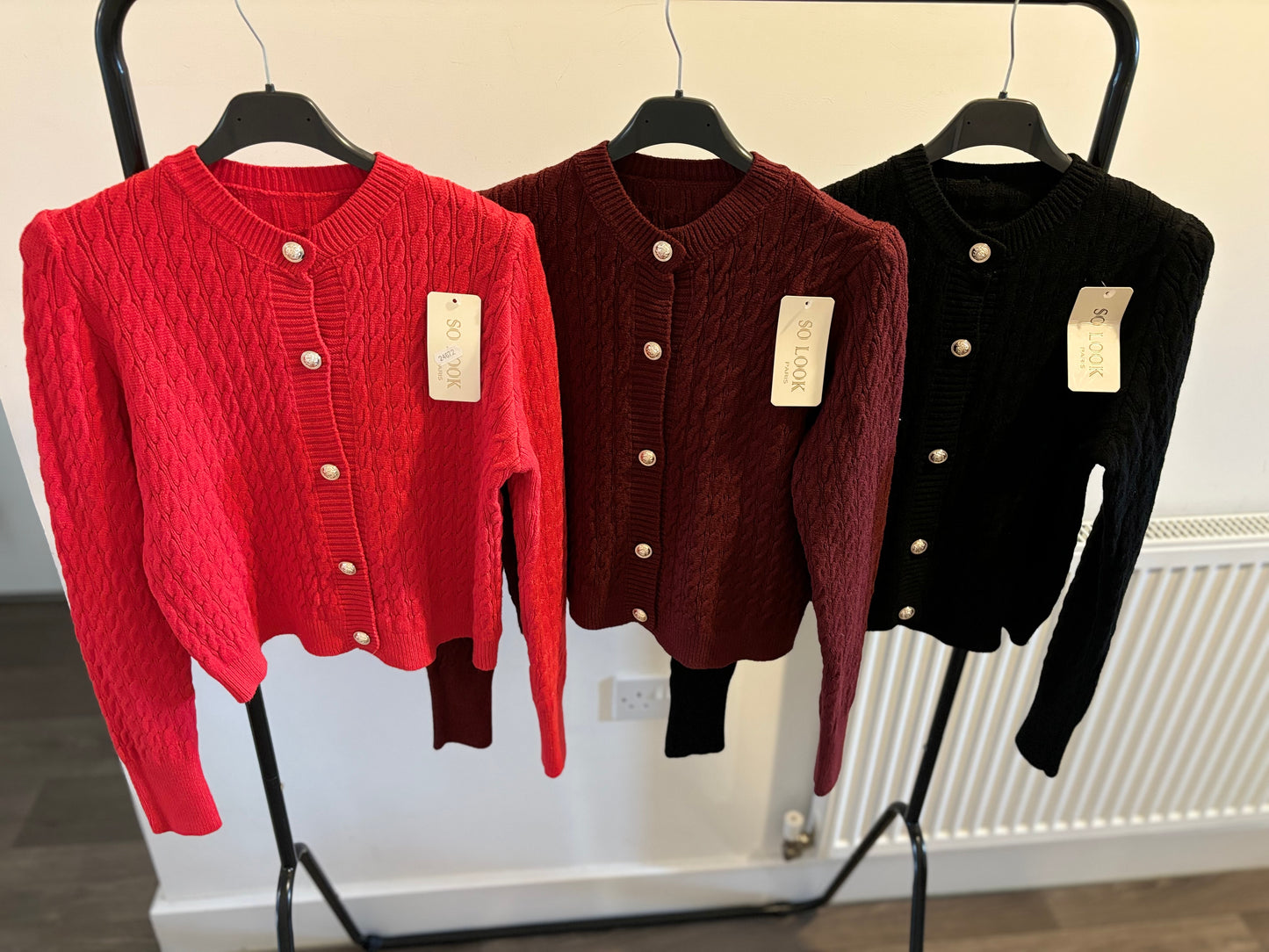 Gold button cable knit long sleeve tops