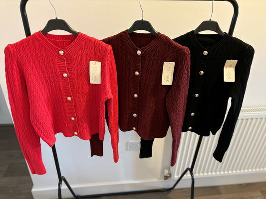 Gold button cable knit long sleeve tops