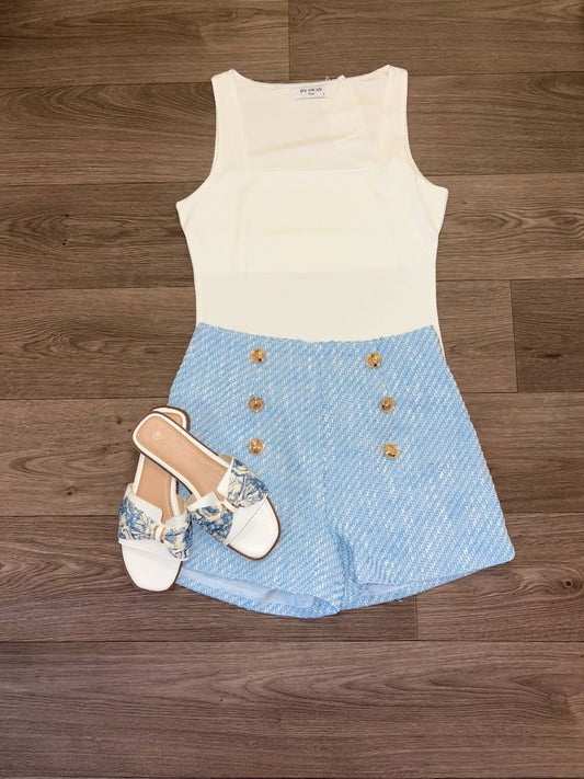 Baby blue tweed gold button shorts