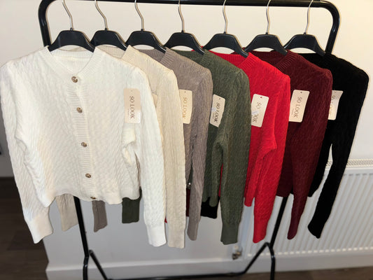 Gold button cable knit long sleeve tops