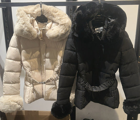 Belted coats with fur cuff and fur hood