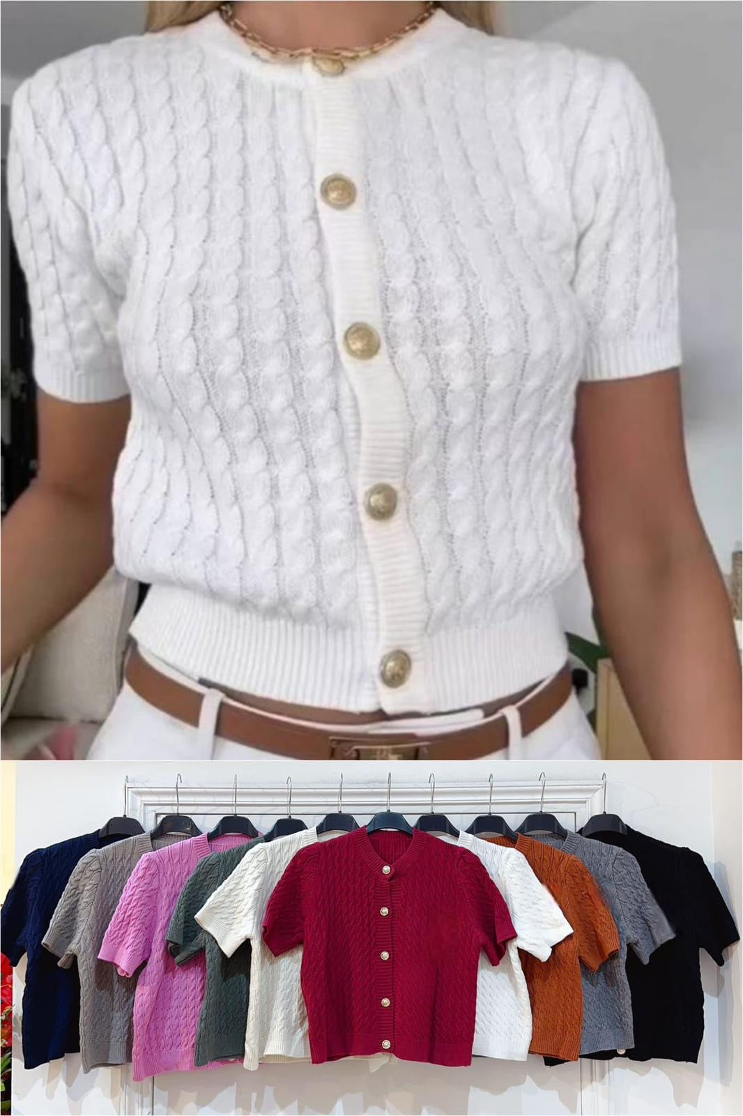 Gold button cable knit tops