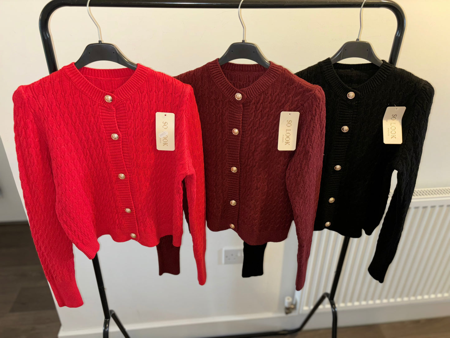 Gold button cable knit long sleeve tops