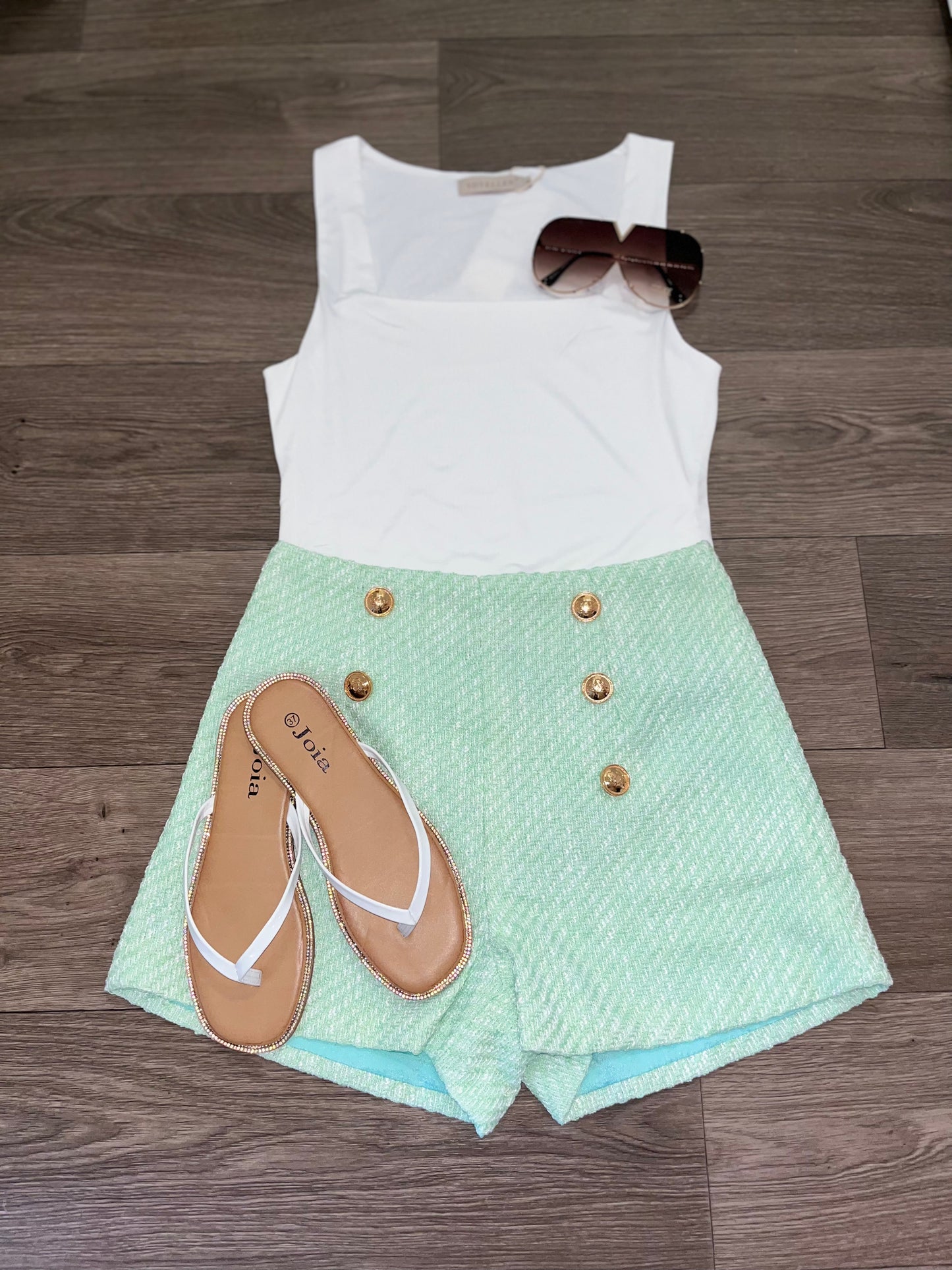 Mint green tweed gold button shorts