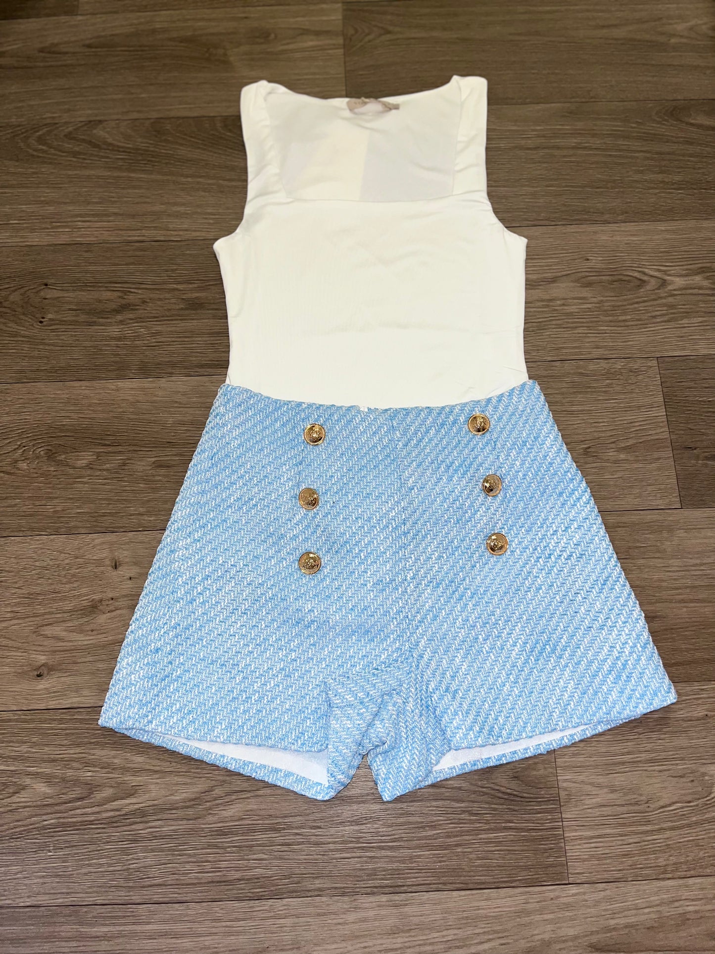 Baby blue tweed gold button shorts
